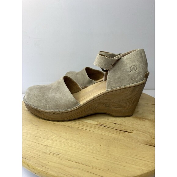 Born Womens 10M Nellie Mary Jane Clogs Sandals Shoe Beig Suede Wedge Boho SlipOn - Picture 1 of 10